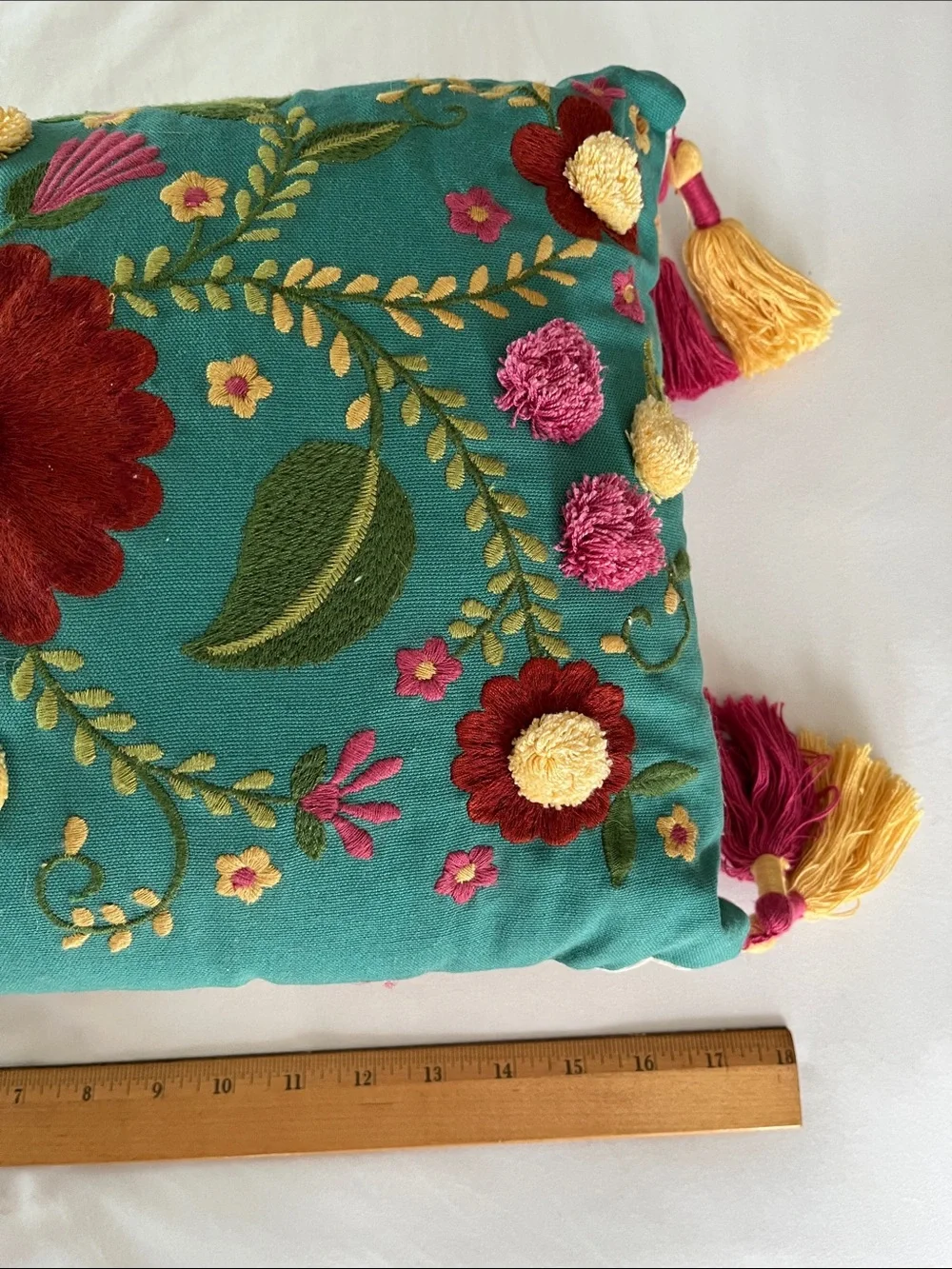 Pier 1 Fiesta Floral teal lumber embroidered  lumbar pillow boho fringe tassels